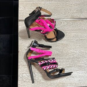 L.A.M.B. Black and Pink High-Heeled Sandals